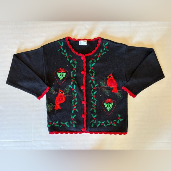 Vintage Basic Editions Holiday Christmas Cardinal black cardigan size medium - Picture 7 of 7